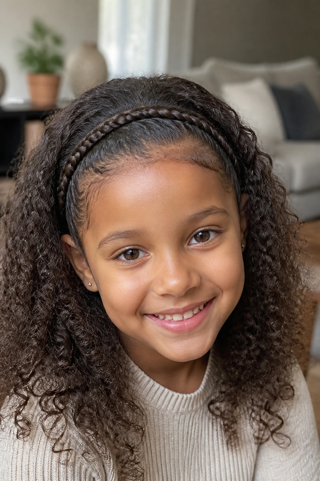 Front-facing girl with a braided headband and open curls framing her face
