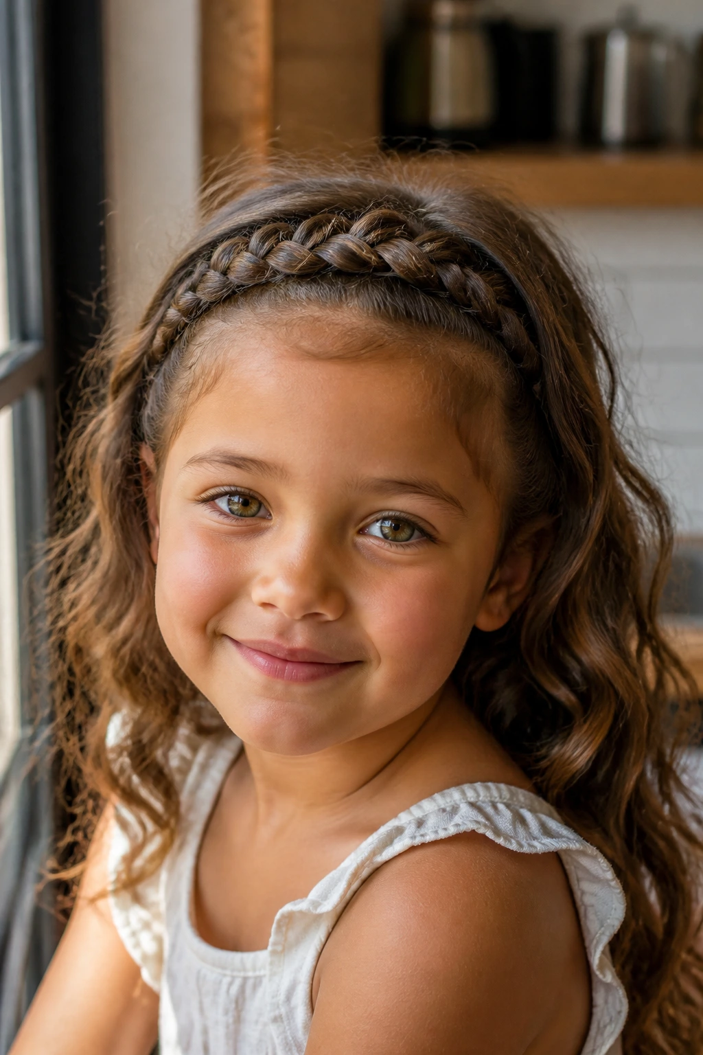 Close-up of a real child with a braided headband and loose back waves