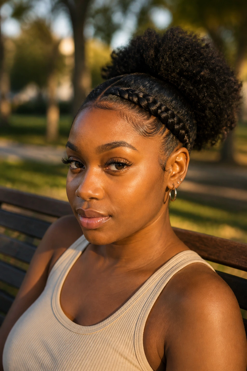 Close-up of a real Black woman with a front braided headband and a puff at the back