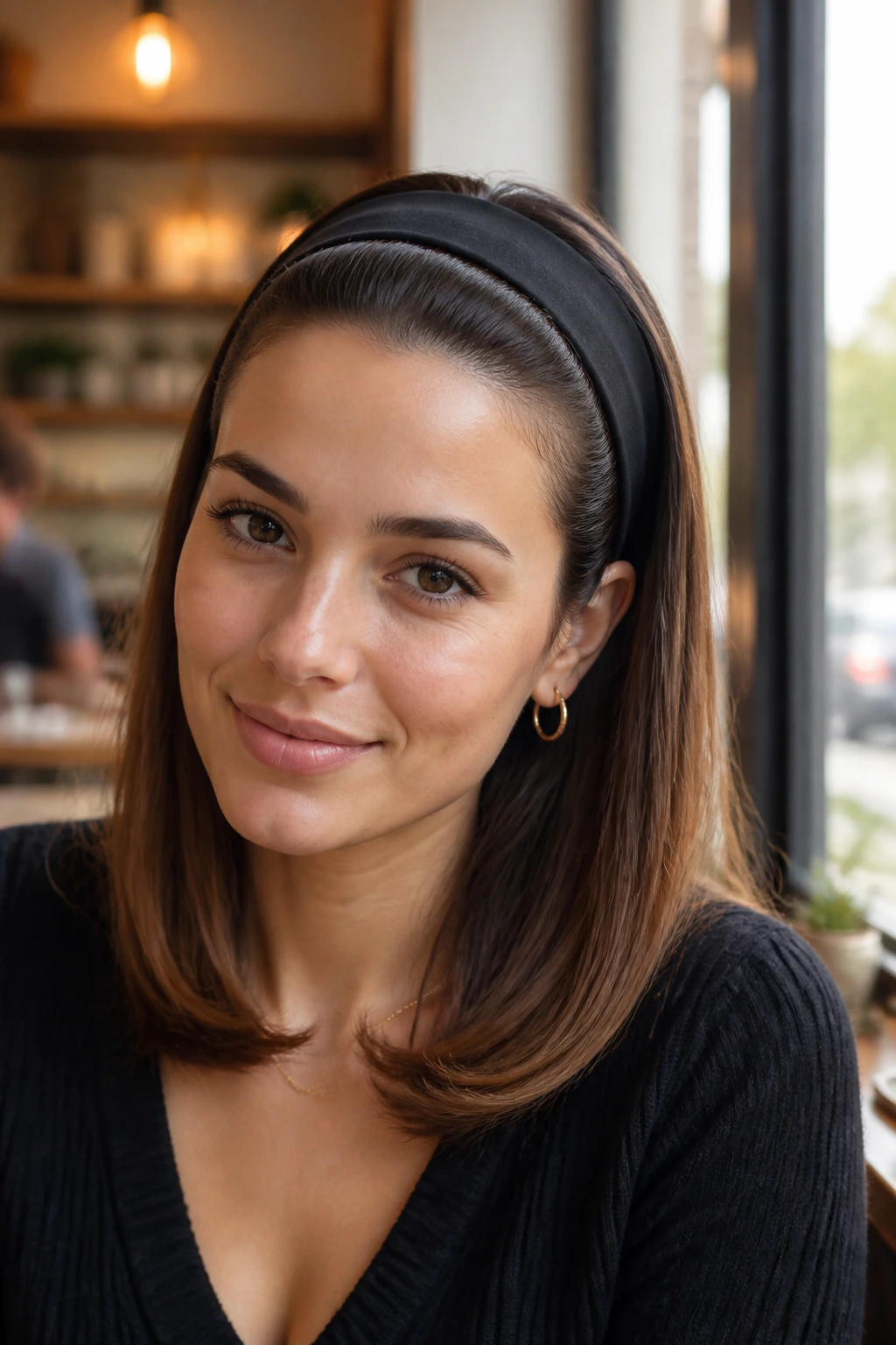 Close-up of real woman with wide headband and smooth crown hairstyle