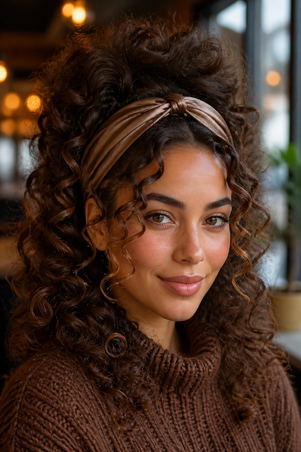 Real woman wearing a satin headband with full crown volume and framing front curls