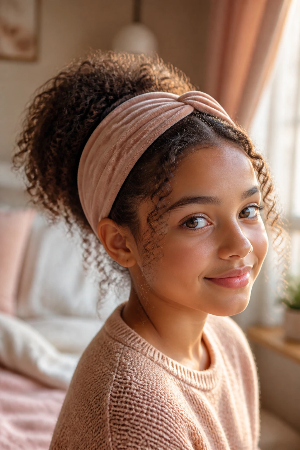 Close-up of a young girl with curly hair tucked under a wide headband with a soft puff at the back