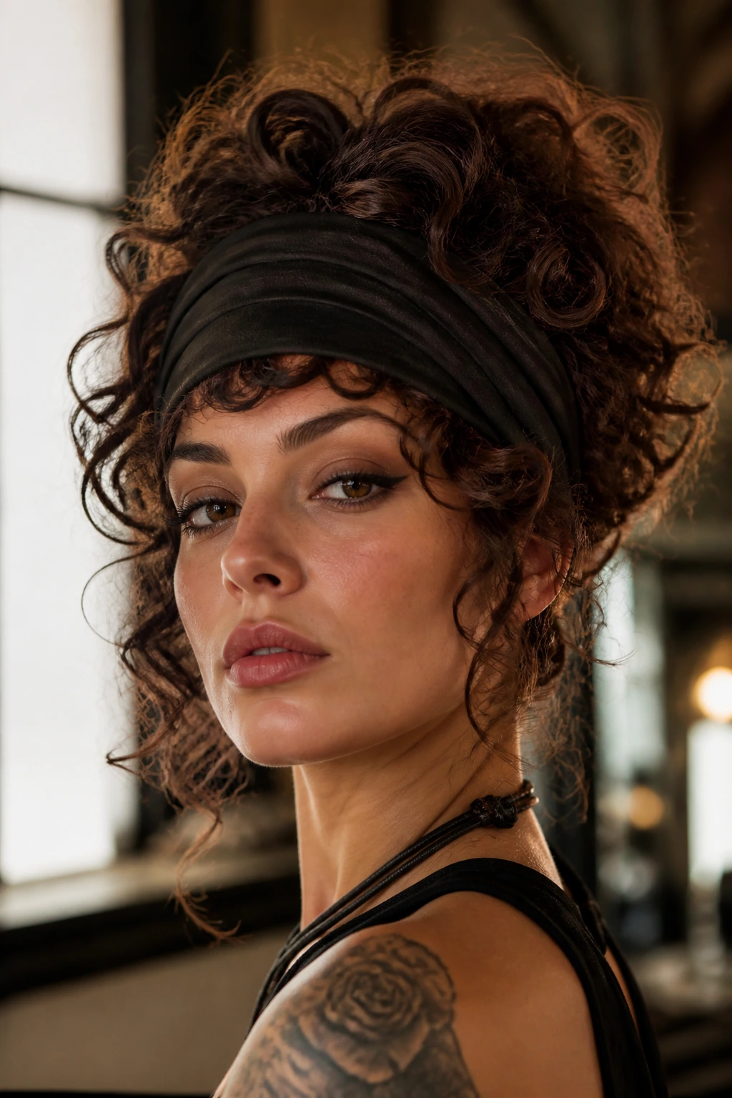 Close-up of a real woman with headband-tucked curls and a low forehead band