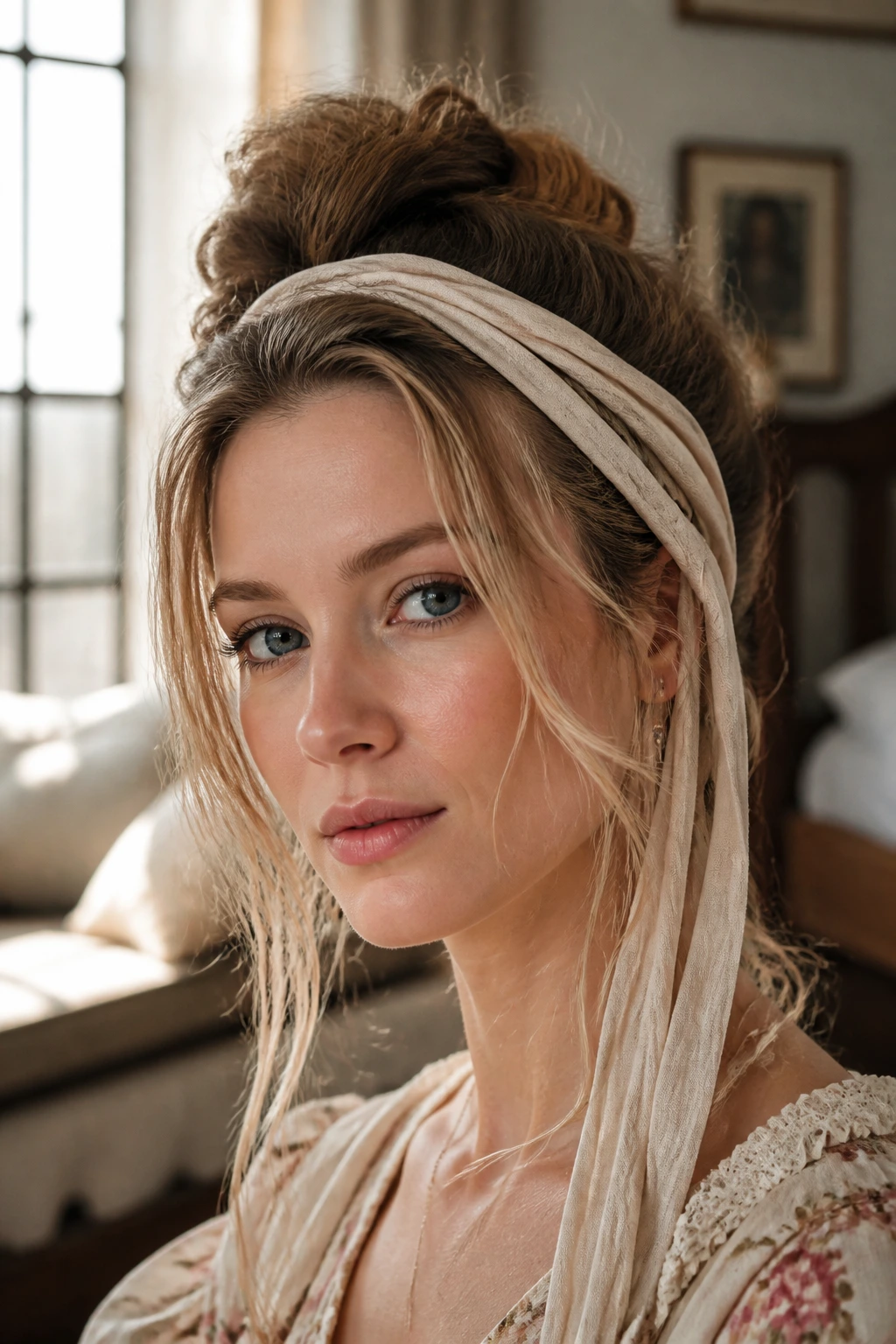 Close-up of headband drape style with loose ends on a real person.