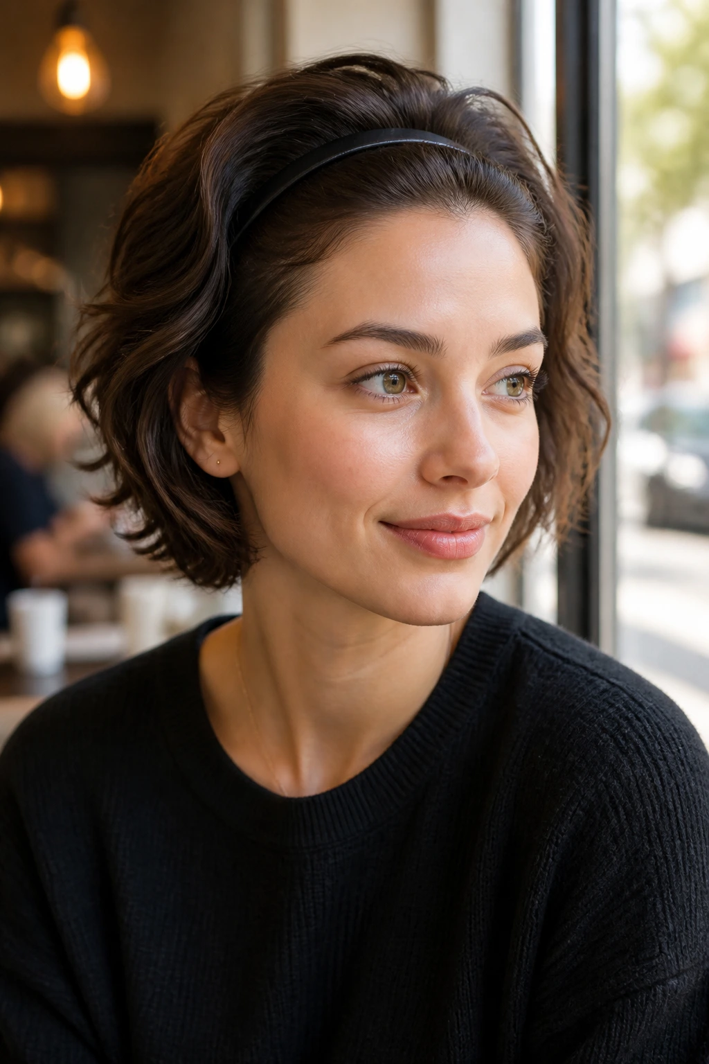 Close-up portrait of a real woman with Headband Lift Bob hairstyle