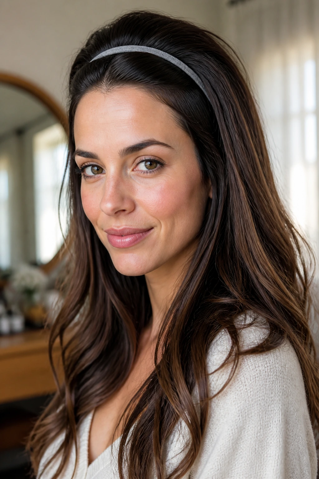 Close-up of a woman with a slim headband lifting the crown and loose lengths around the face