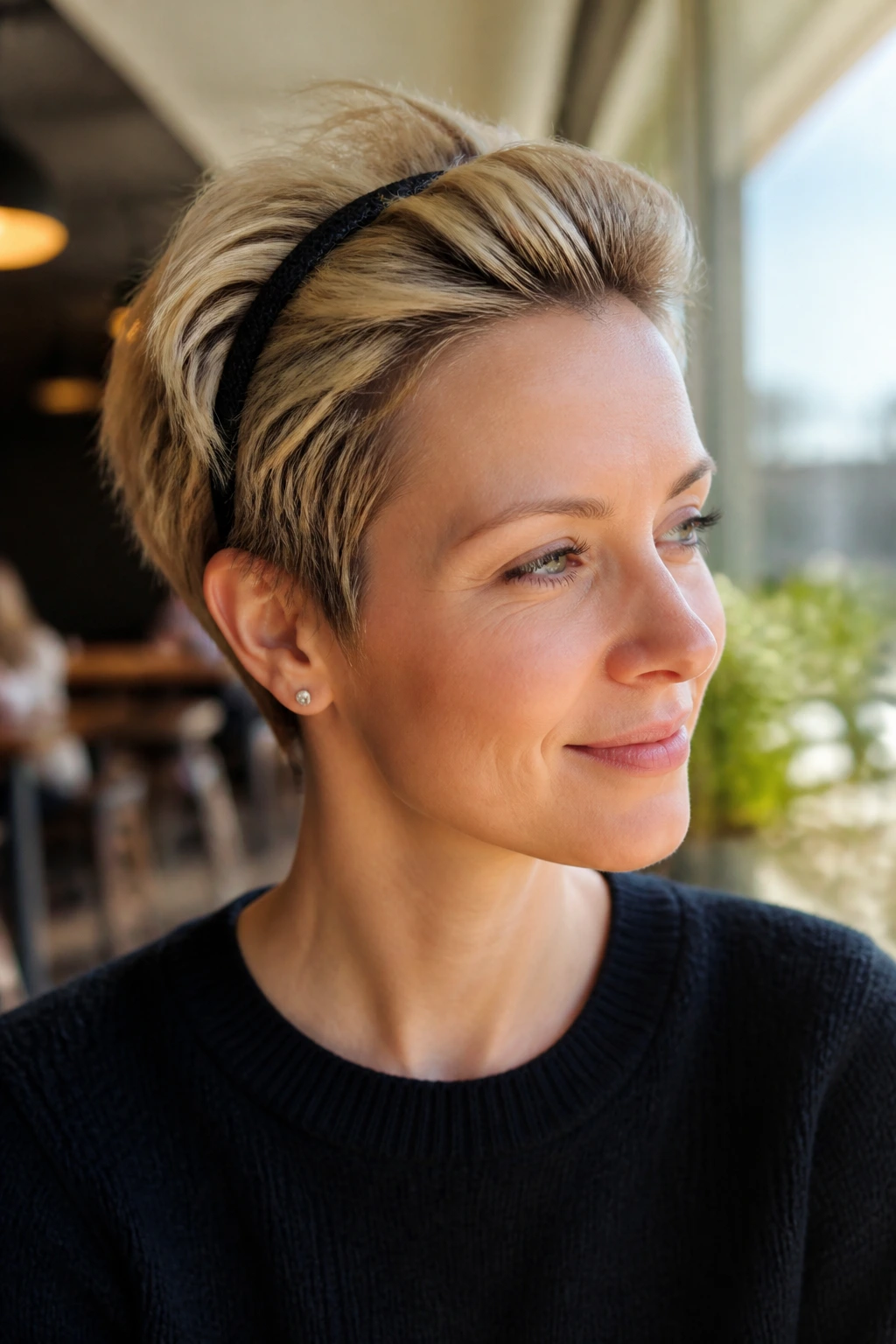 Close-up of a real woman with a headband push-back hairstyle in warm cafe light