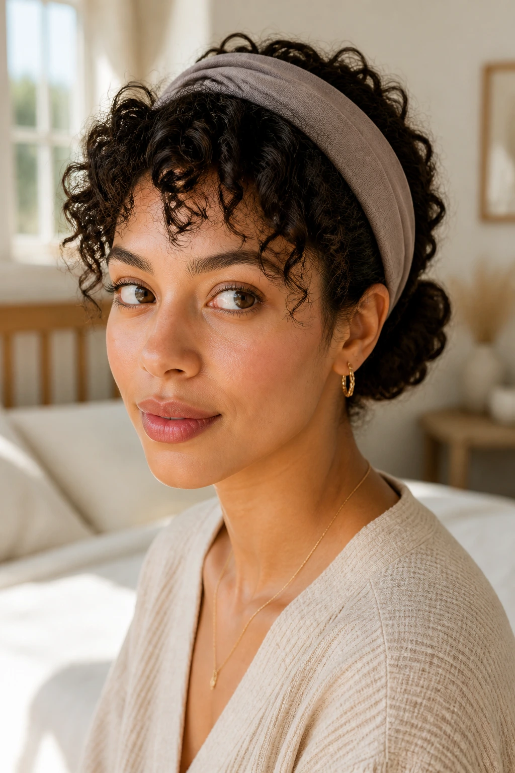 Close-up of a real woman with a tucked headband roll and wide headband at the nape.