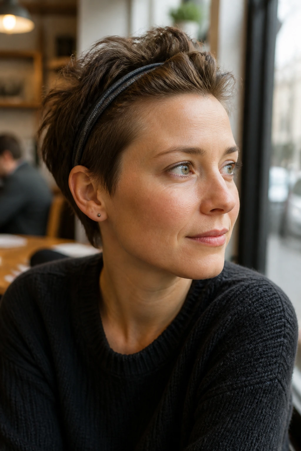 Close-up portrait of short-haired person wearing a slim headband pushing hair back at the hairline
