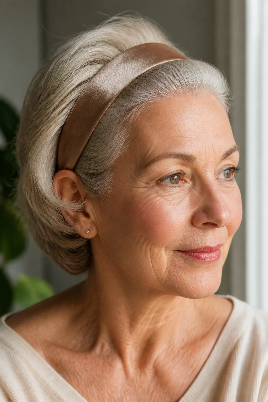 Close-up of a woman with a wide headband sweeping the fringe away.