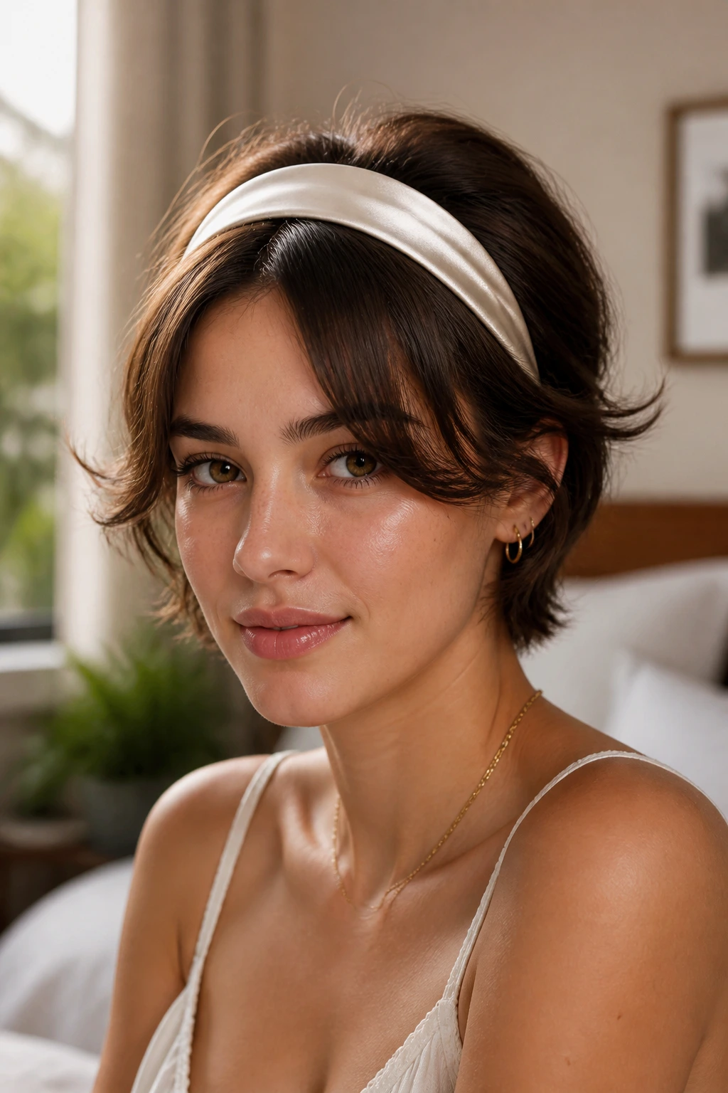 Close-up of a real woman with a headband sweep hairstyle and curtain bangs.
