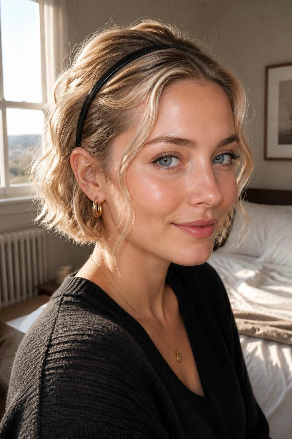 Close-up of a real woman wearing a slim headband with waves at temples
