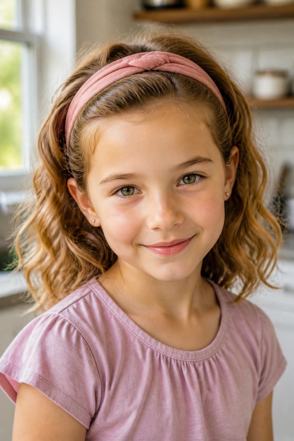 Close-up of a child with a headband tuck-back hairstyle and waves around the sides