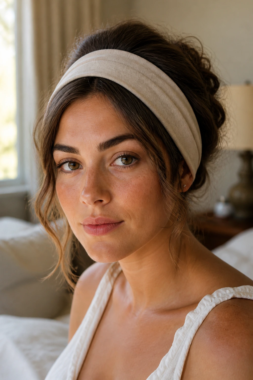 Close-up portrait of a real woman with a headband tuck and beachy waves.