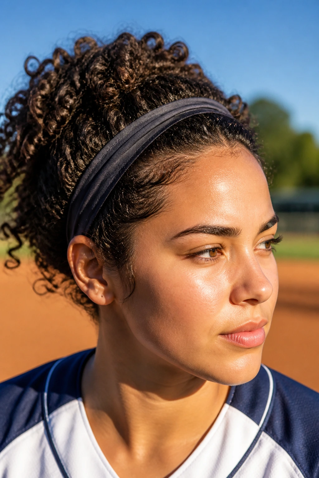 Close-up of athlete with headband tuck and defined curls