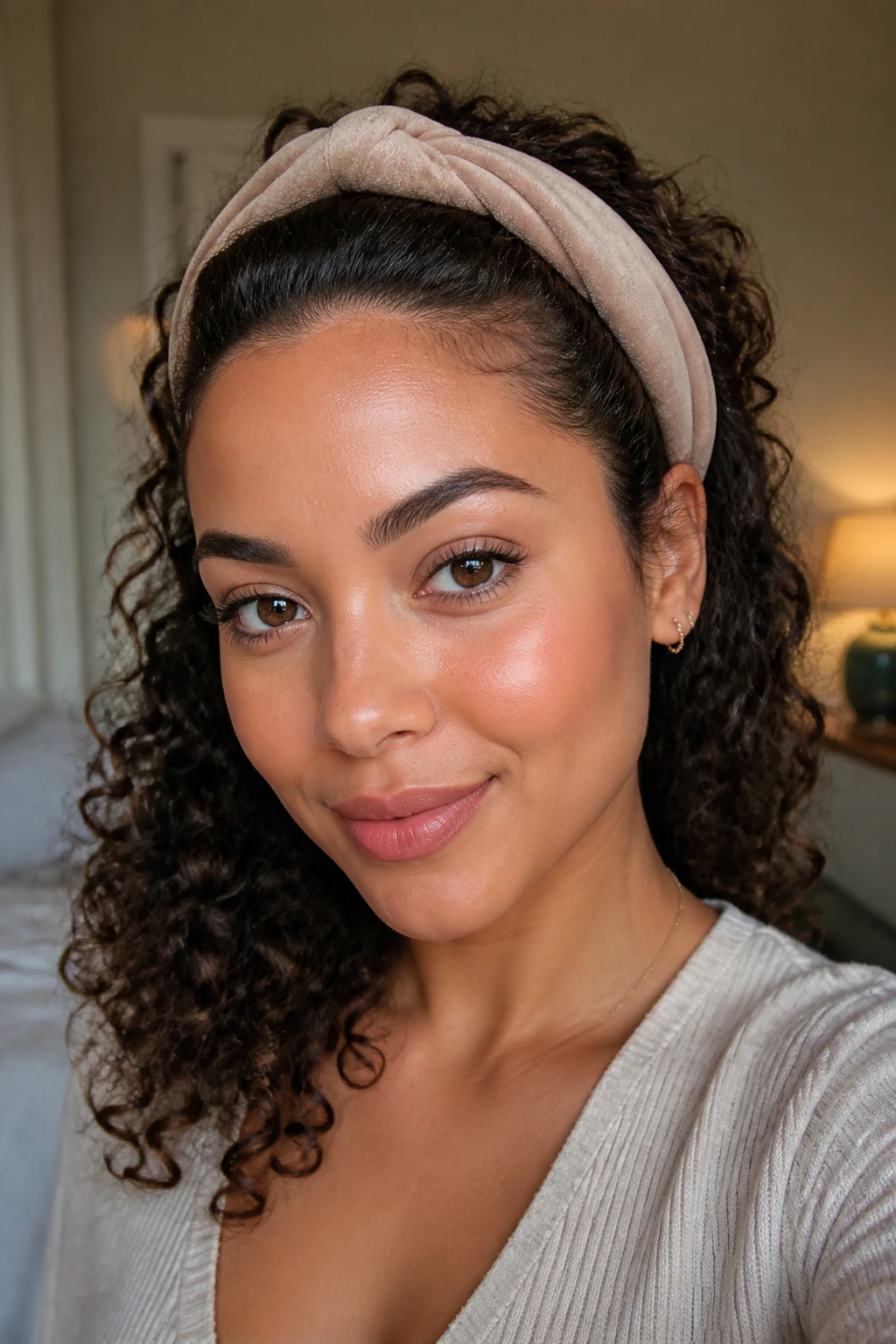 Close-up portrait of a real woman with a headband tuck, curls tucked under headband and loose back curls
