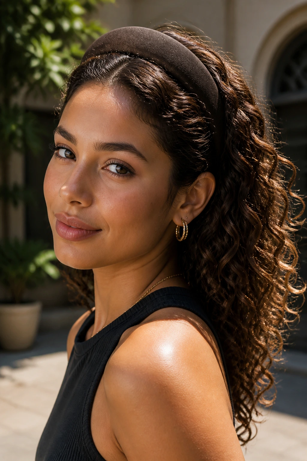 Close-up of a real woman with a headband tuck and curly ends.