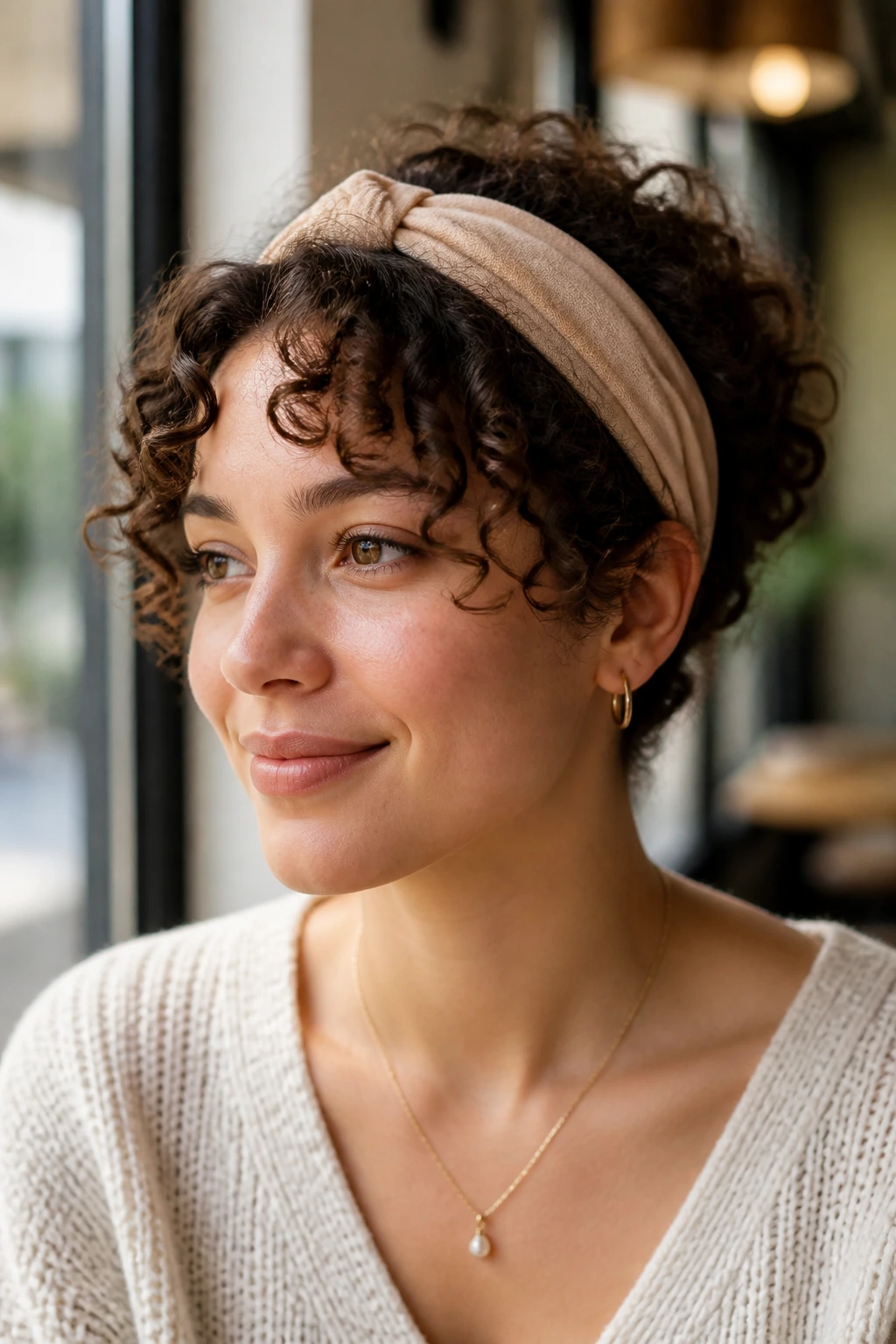 Portrait of a woman with curly fringe tucked under a headband.
