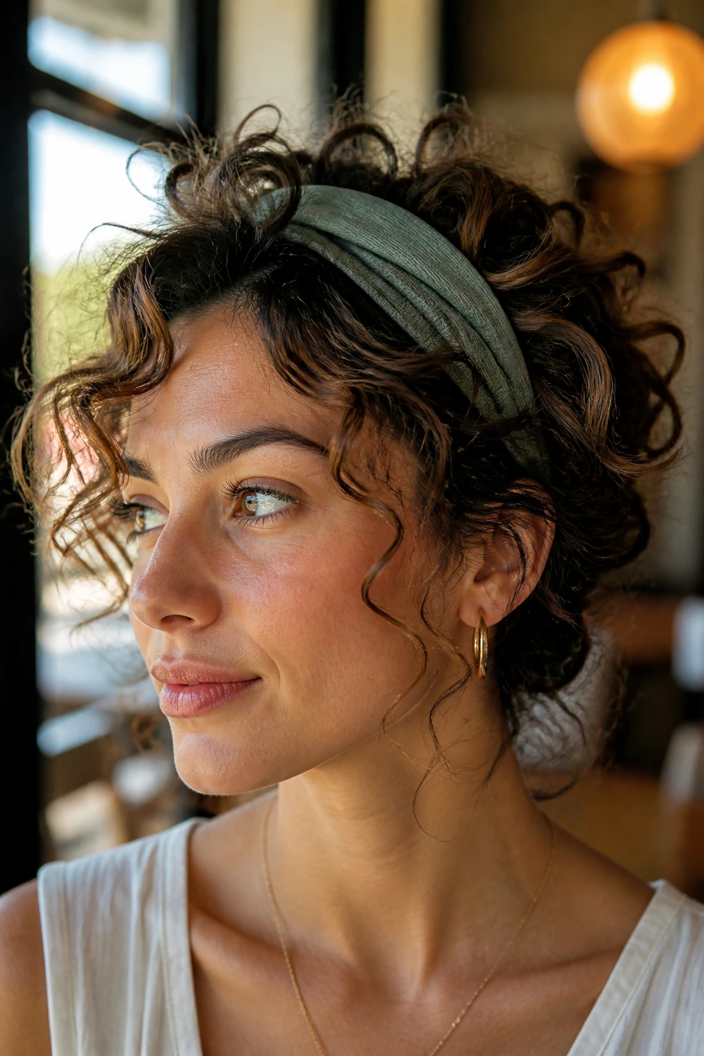 Close-up of a real woman wearing a headband with airy front curls spilling above it