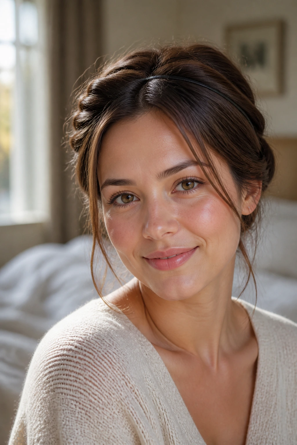 Close-up of a real woman with a headband tuck hairstyle, hair tucked under a thin band with gentle front pieces.