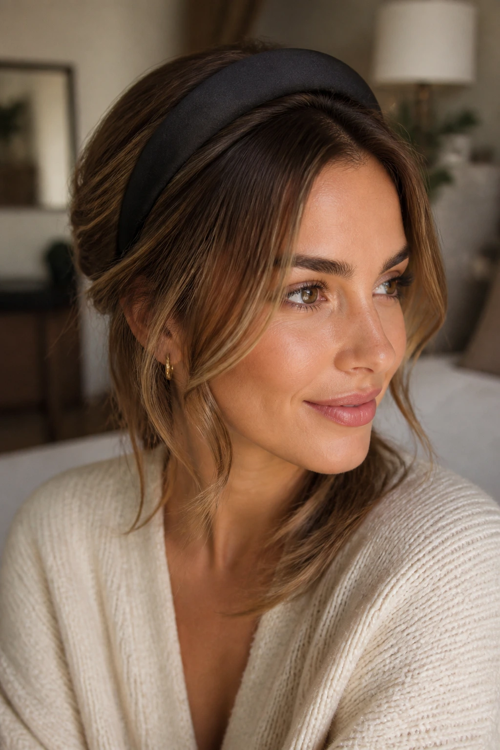 Close-up portrait of a real woman wearing a headband tuck hairstyle with tucked hair and loose front pieces