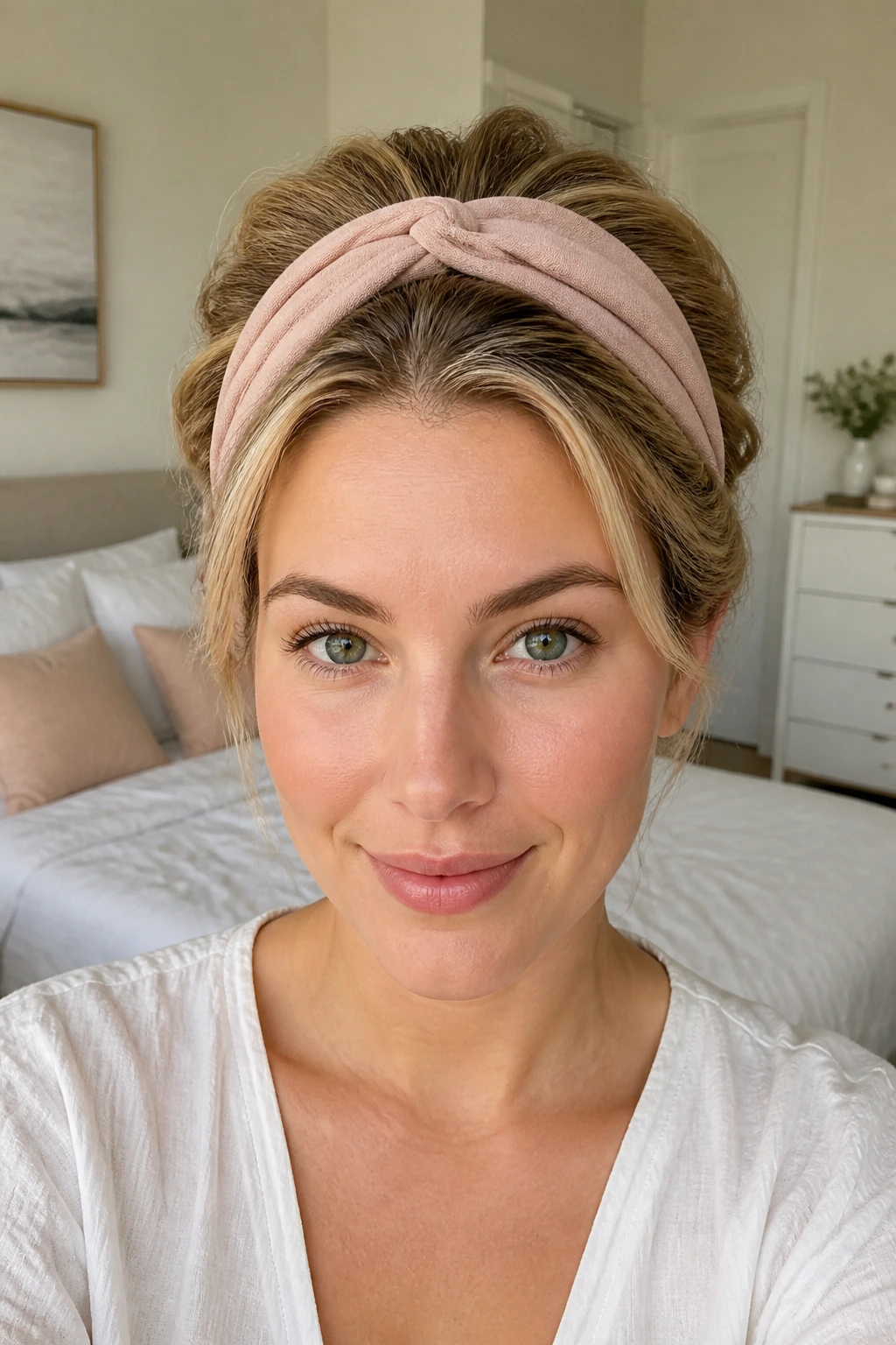 Close-up of a real woman's head with a headband tuck hairstyle