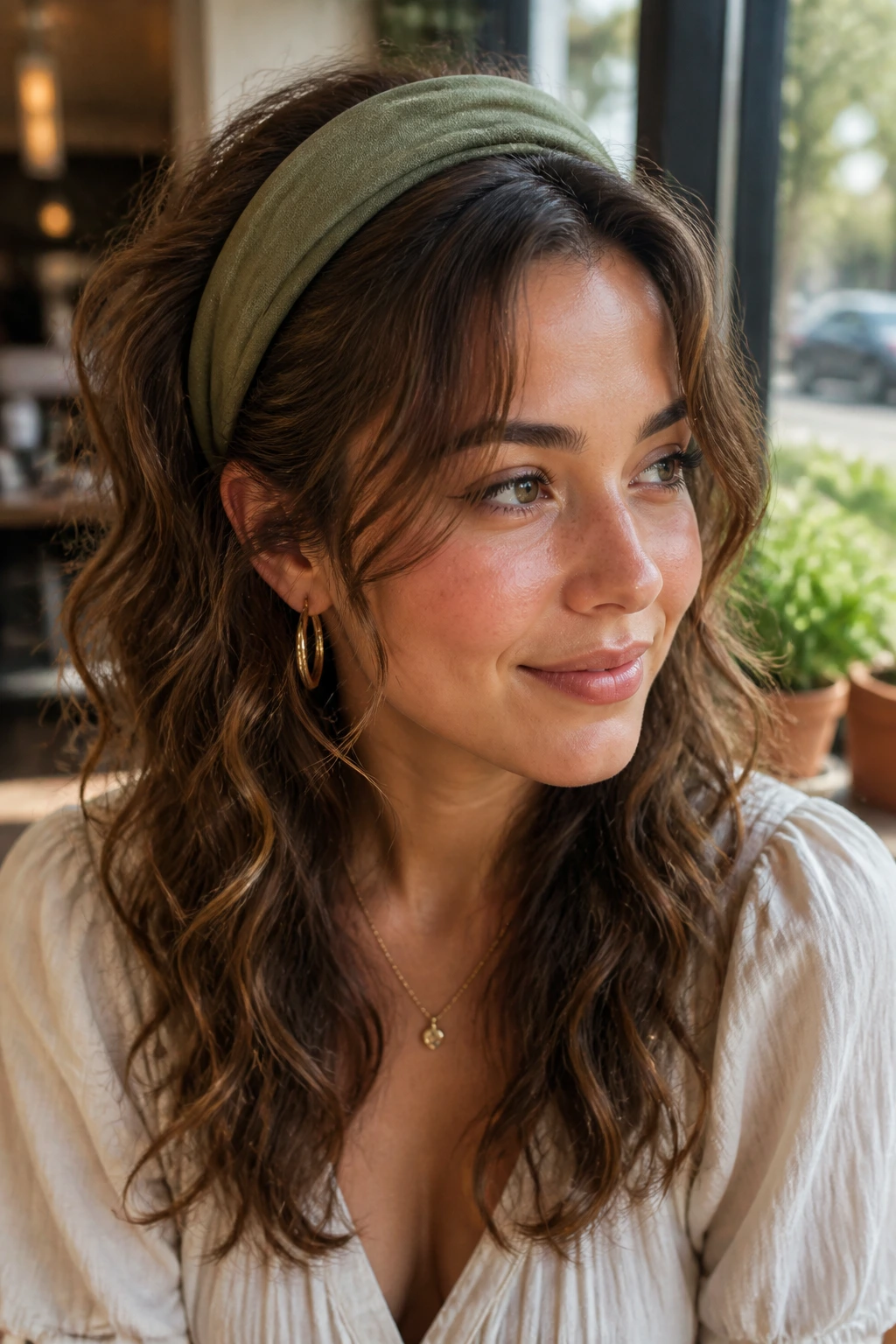 Portrait of a real woman with headband tuck and loose fringe on 2C hair