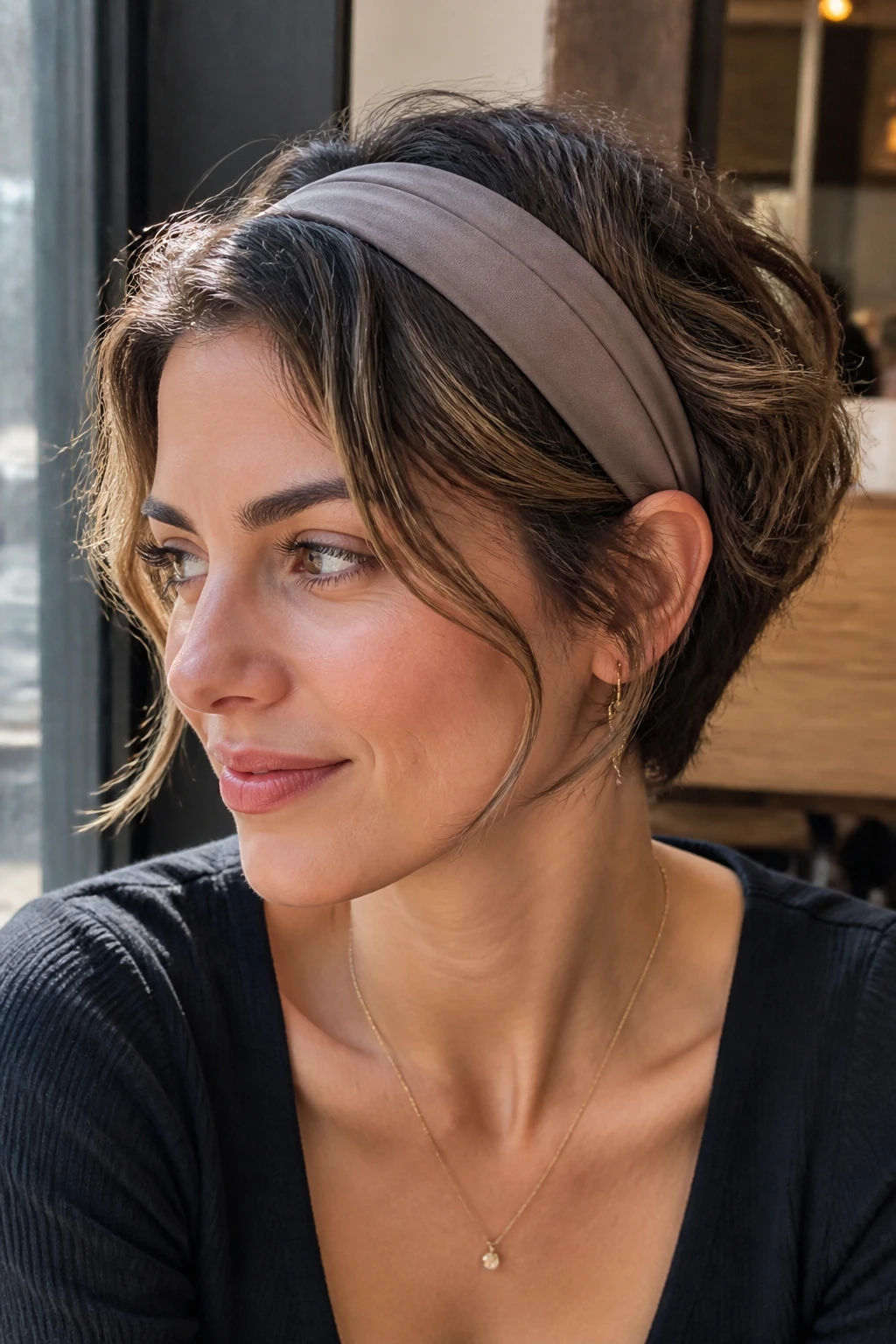 Close-up of a real woman wearing headband tuck with soft face-framing pieces