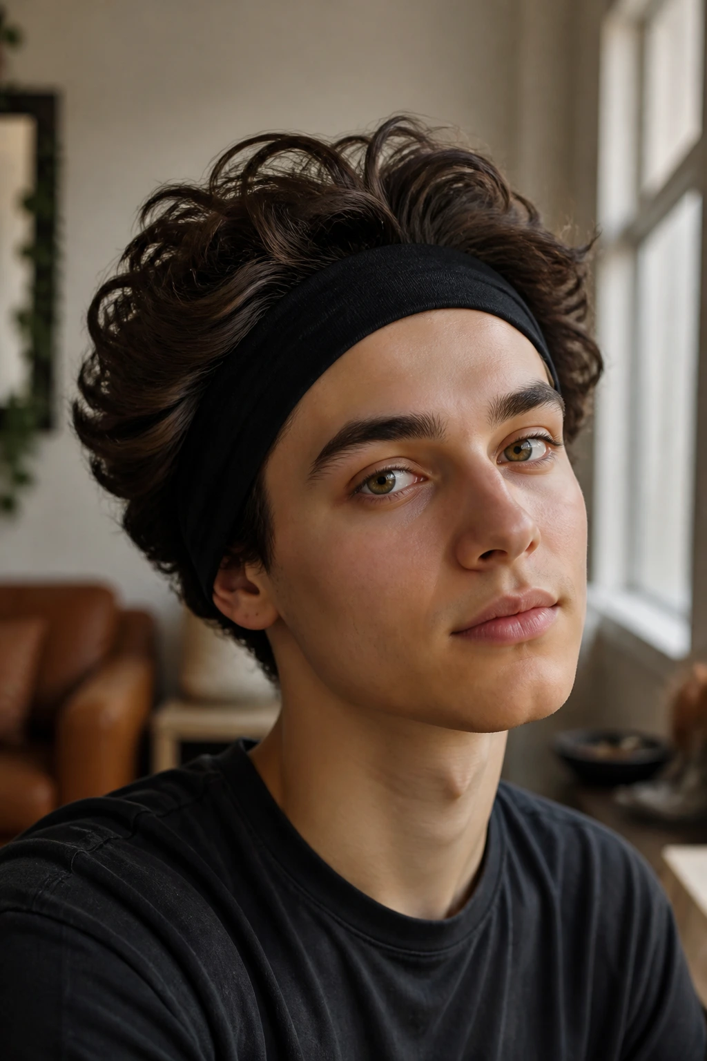 Close-up of a real person with a headband tuck and soft crown volume