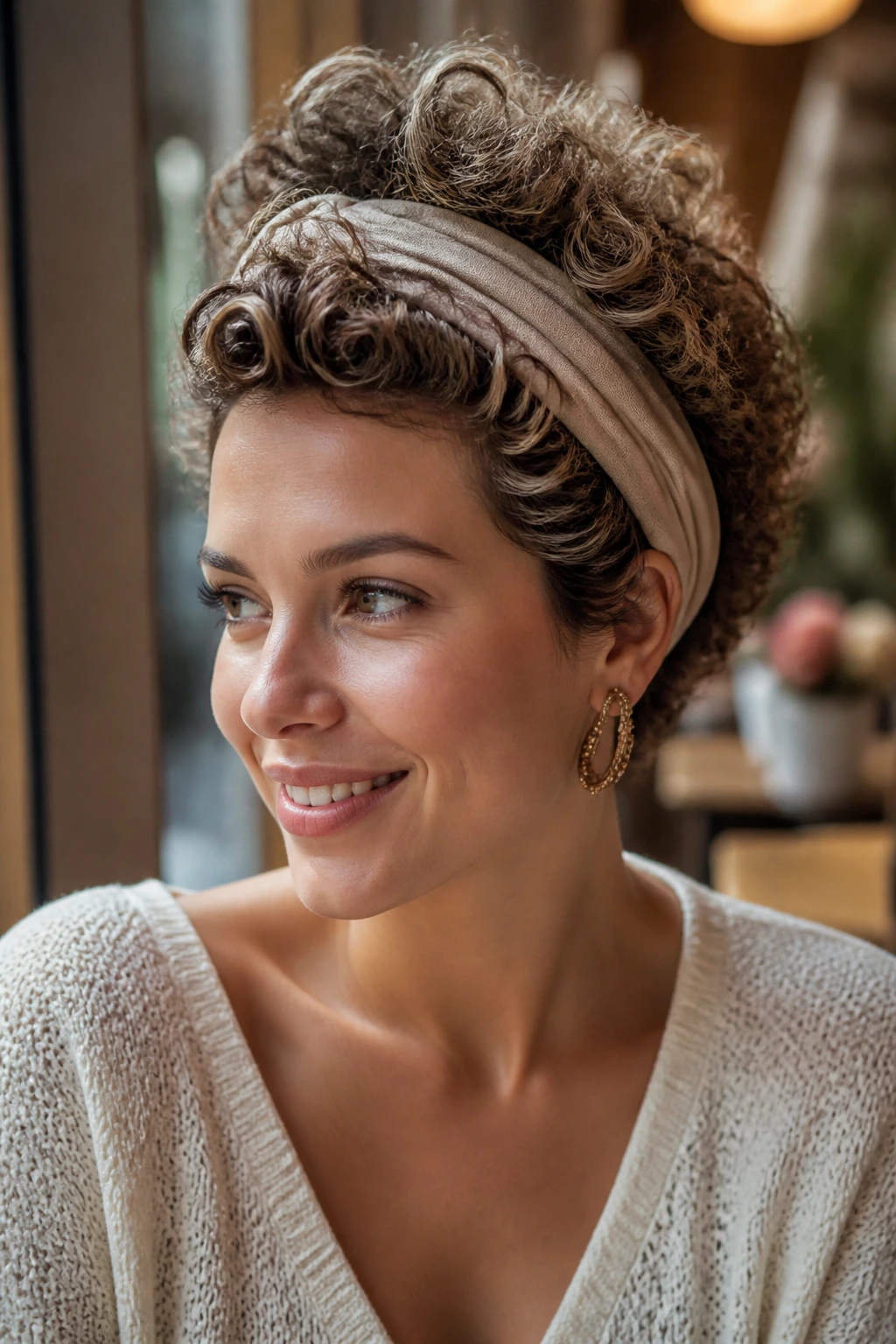 Close-up of a real person with headband-tucked curls and crown pouf