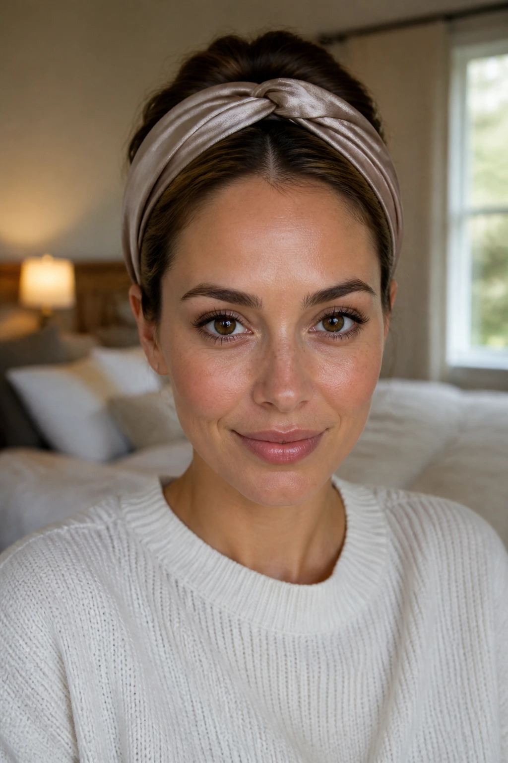 Close-up of a real woman with a headband tuck hairstyle under a satin band