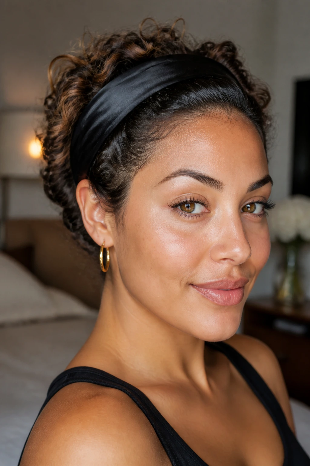 Close-up of a woman wearing a headband with a tucked hairstyle and lowlights