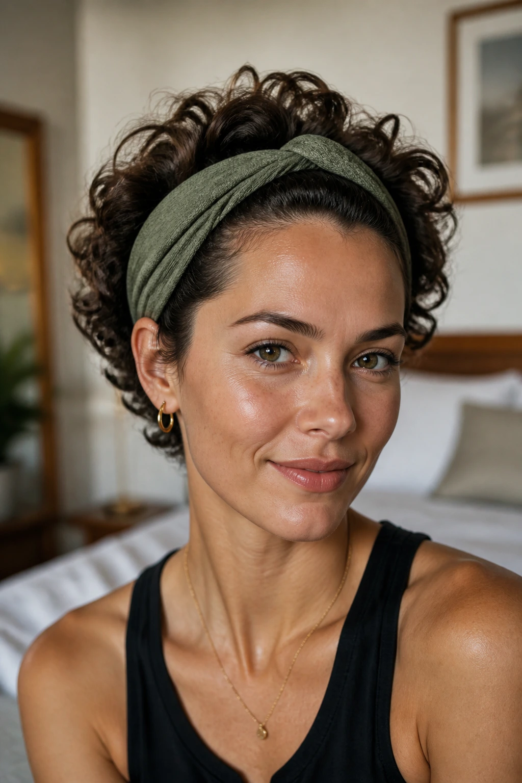 Close-up of a real woman with a headband-tucked short curly hairstyle in natural light