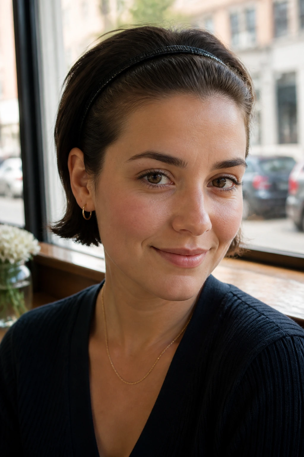 Close-up of a real woman wearing a headband with hair tucked behind it.