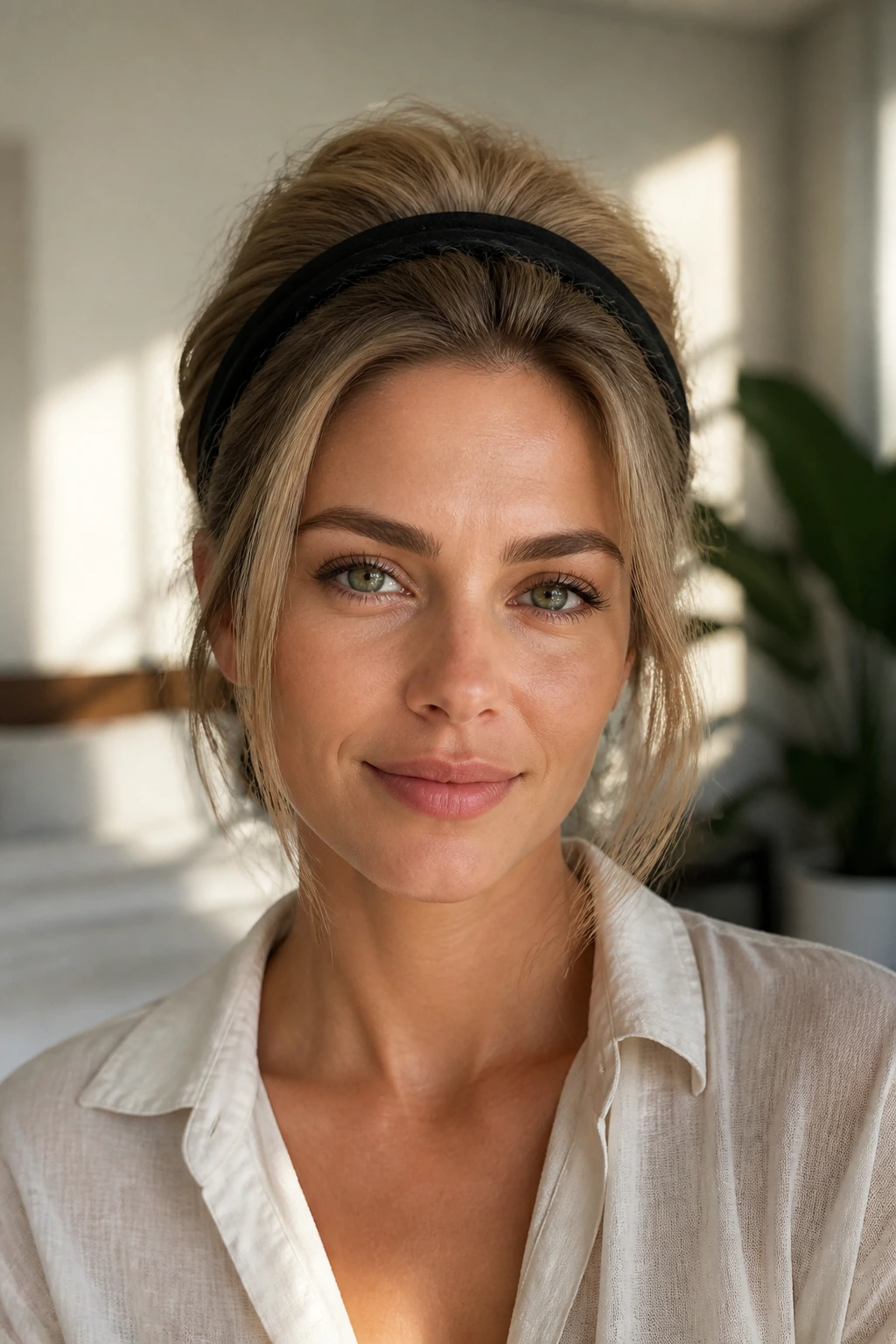 Close-up of a real woman with headband tuck hairstyle elongating silhouette