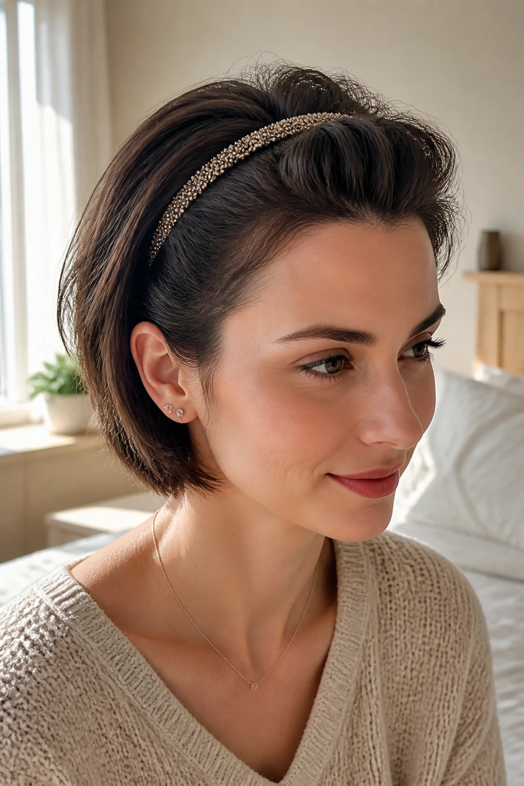 Close-up of a real woman wearing a headband tuck with soft volume in thick hair.