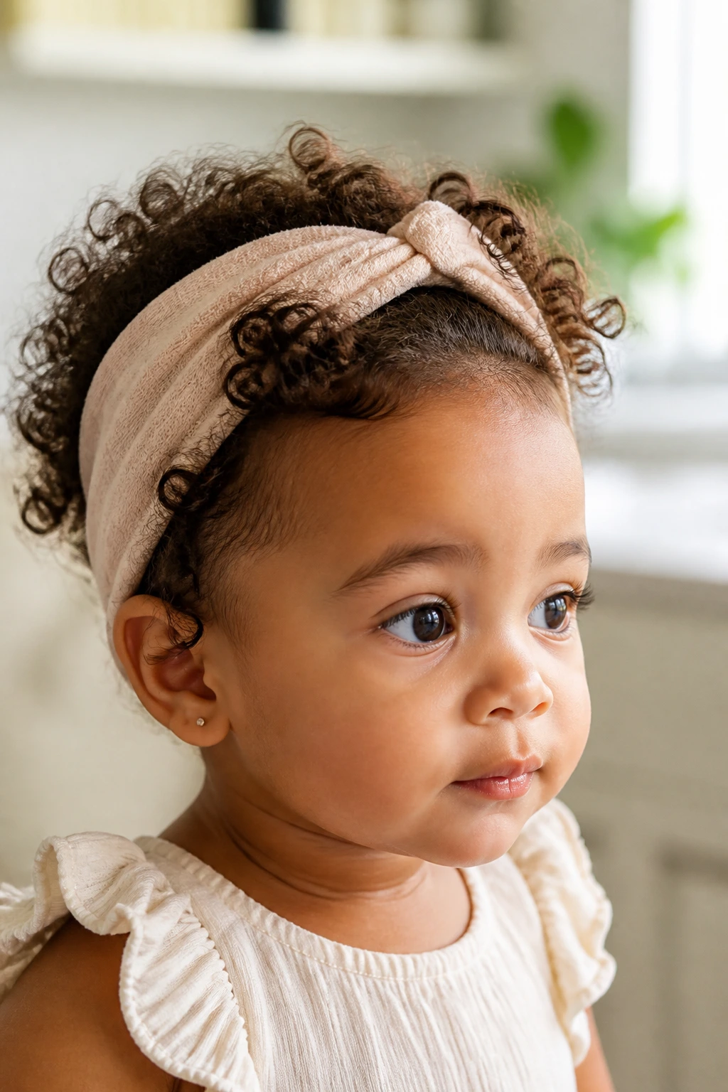 Toddler with headband tuck hairstyle in a sunny kitchen