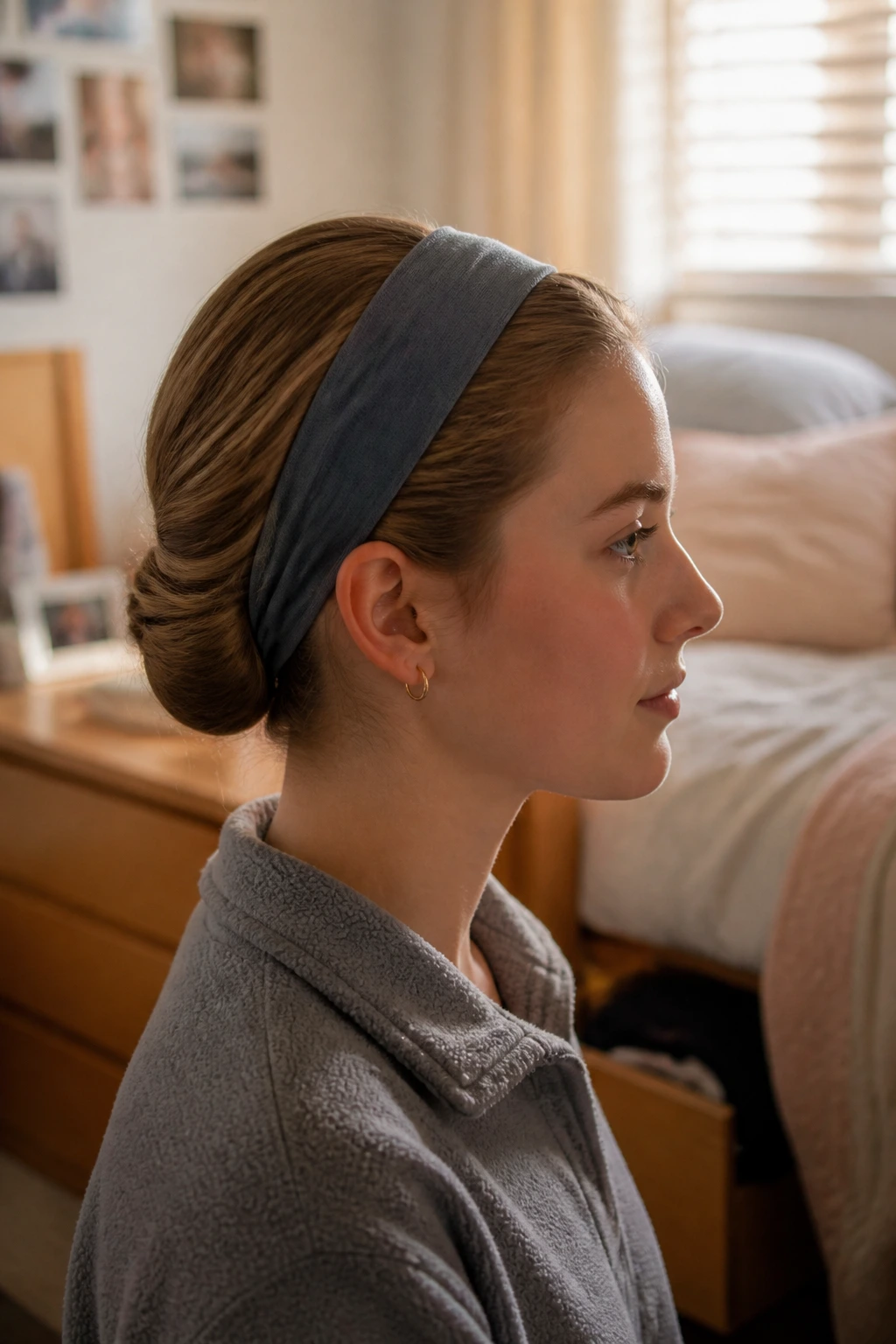 Side profile of real person with headband tuck-under hairstyle