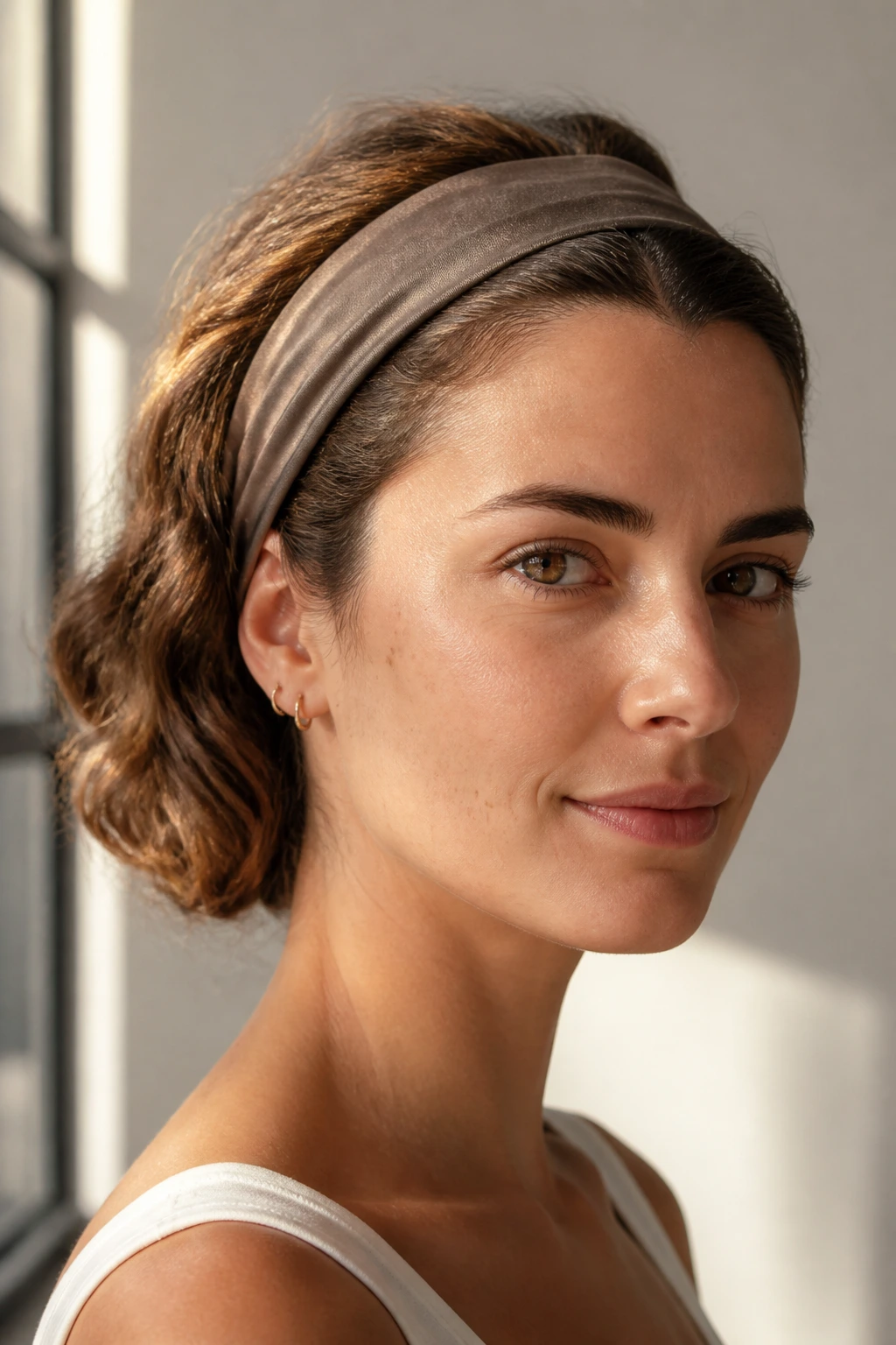 Real woman with a wide headband shaping tucked waves to control frizz