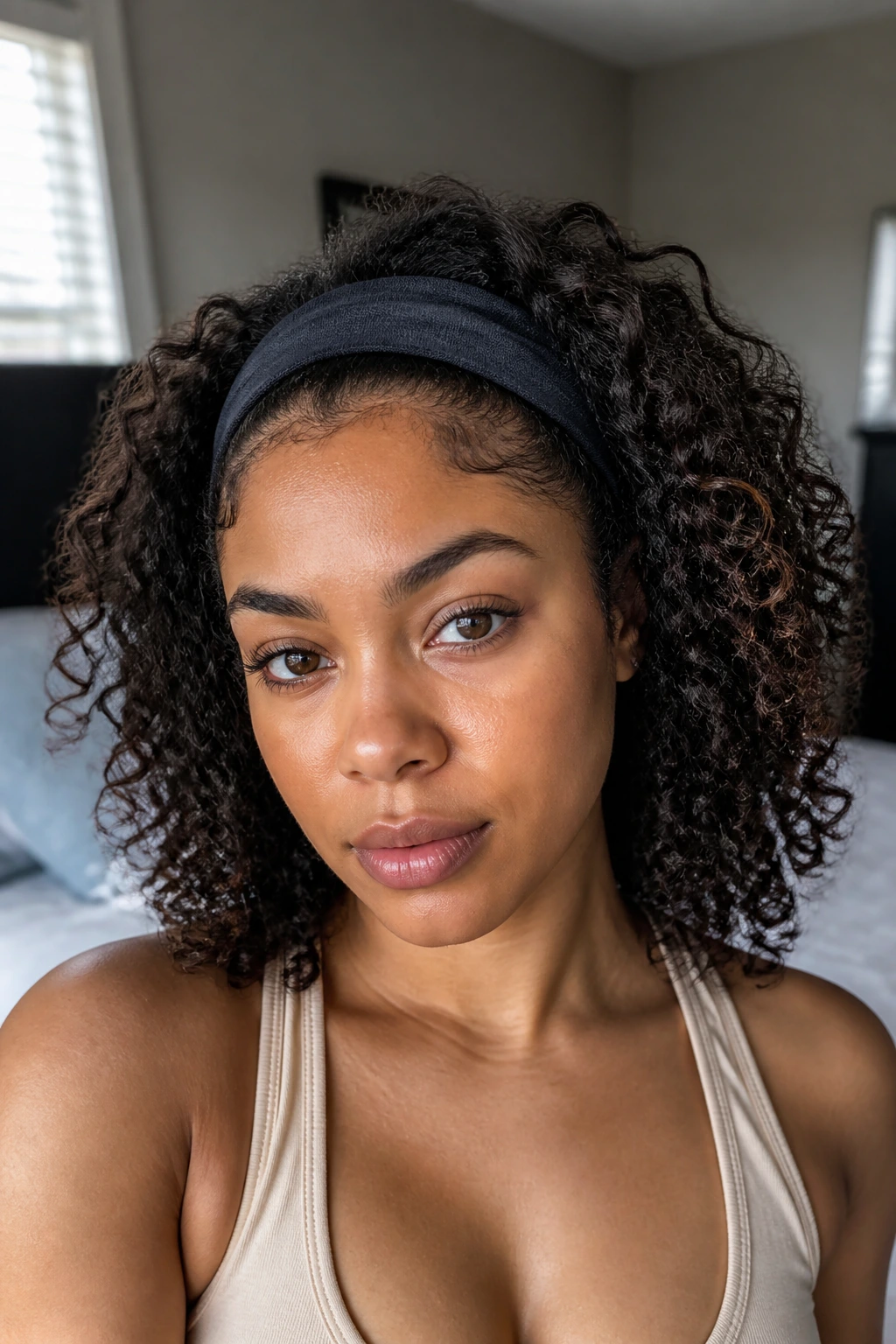 Close-up of a real woman wearing a headband wig in soft daylight