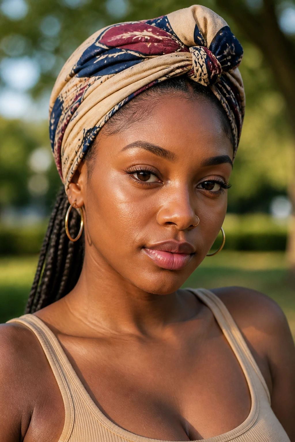 Close-up of a real woman wearing a headwrap over styled braids