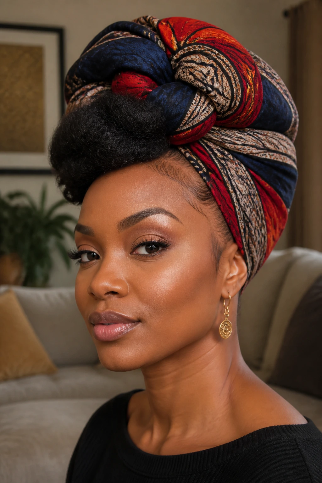 Real Black woman wearing a headwrap in a tuck and roll style