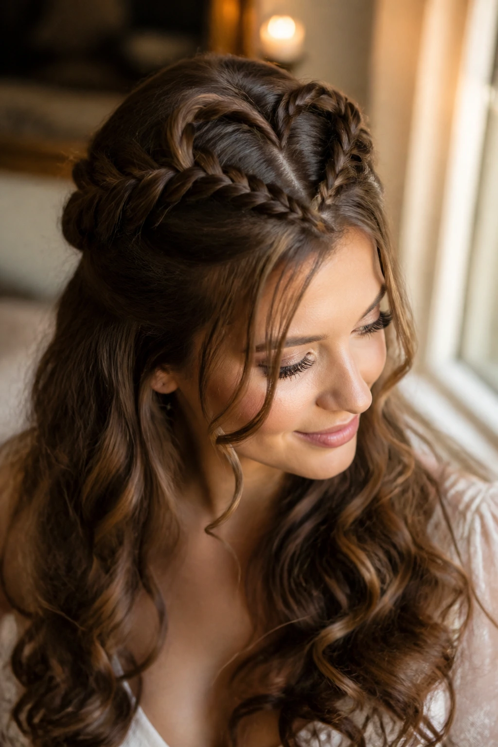 Close-up of a real woman wearing a Heart Braid at the Crown.