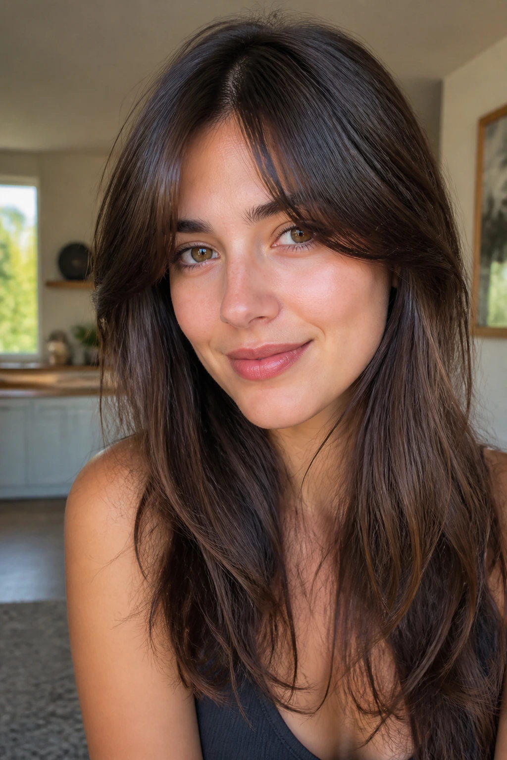 Portrait of a heart-shaped face with balanced curtain bangs and off-center part