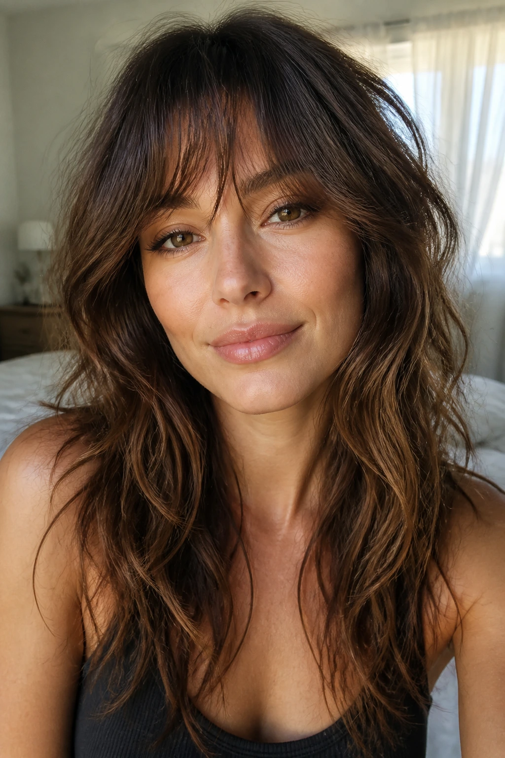 Close-up portrait of a real woman with heart-shaped face and wispy fringe shag