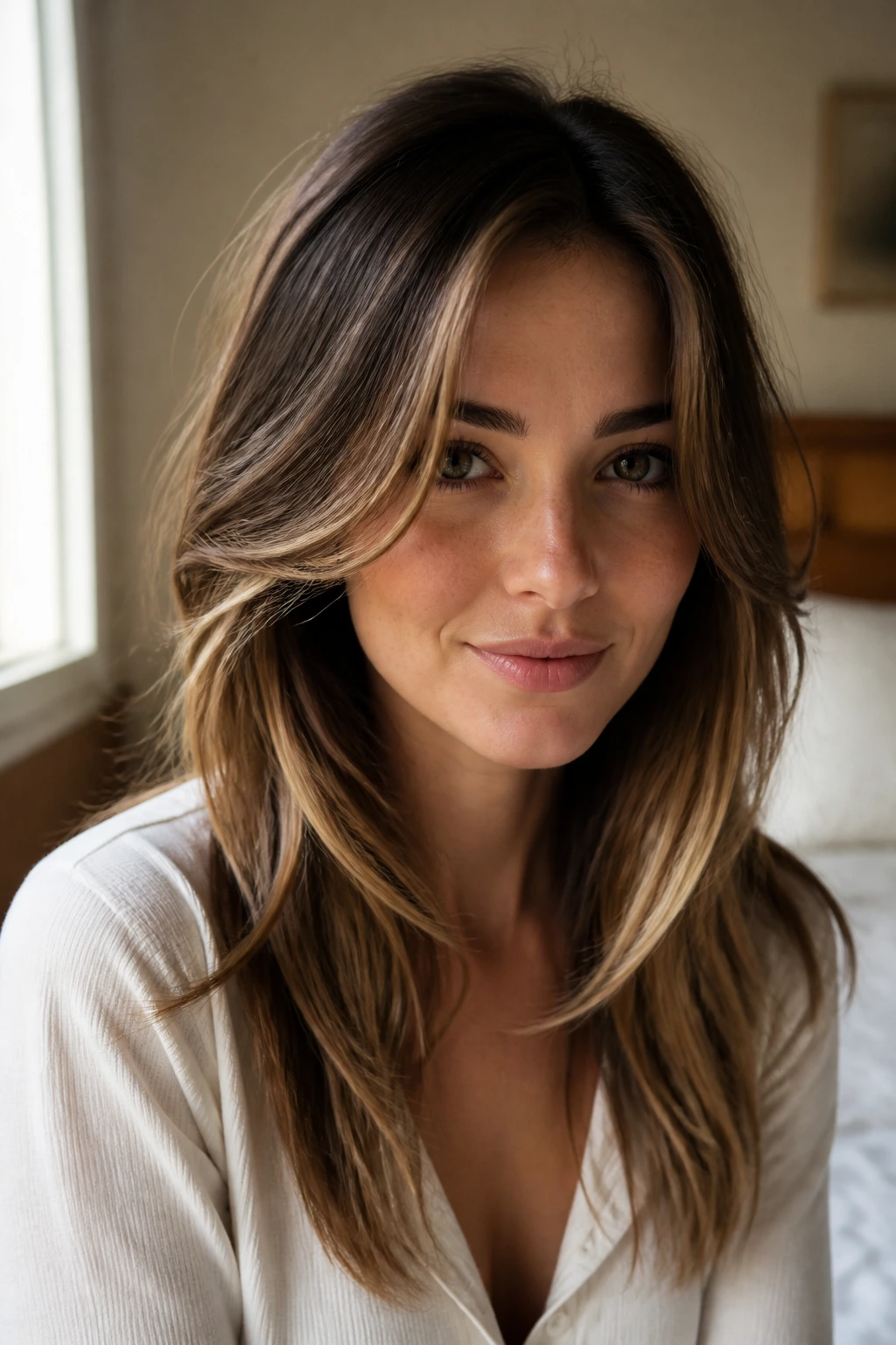 Close-up portrait of a real woman with heart-face layers balancing the forehead and cheek area.