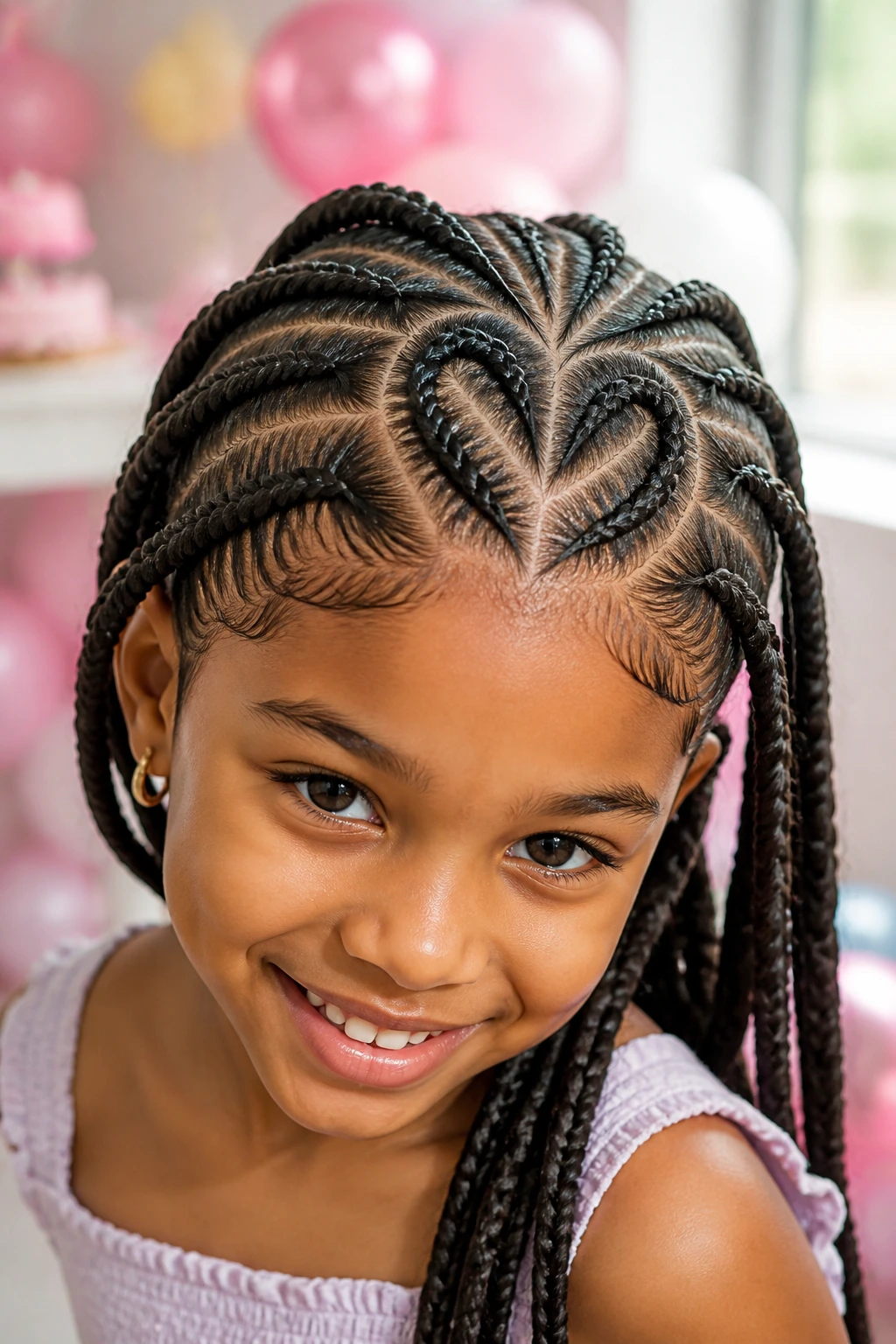 Close-up of a real child with heart-shaped part braids, bold scalp design for birthdays and photos