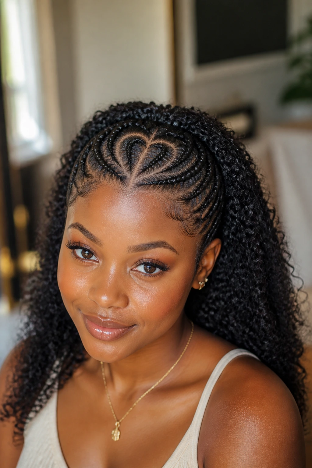 Close-up portrait of a real woman with a heart-shaped part and half braids, curls visible at the back