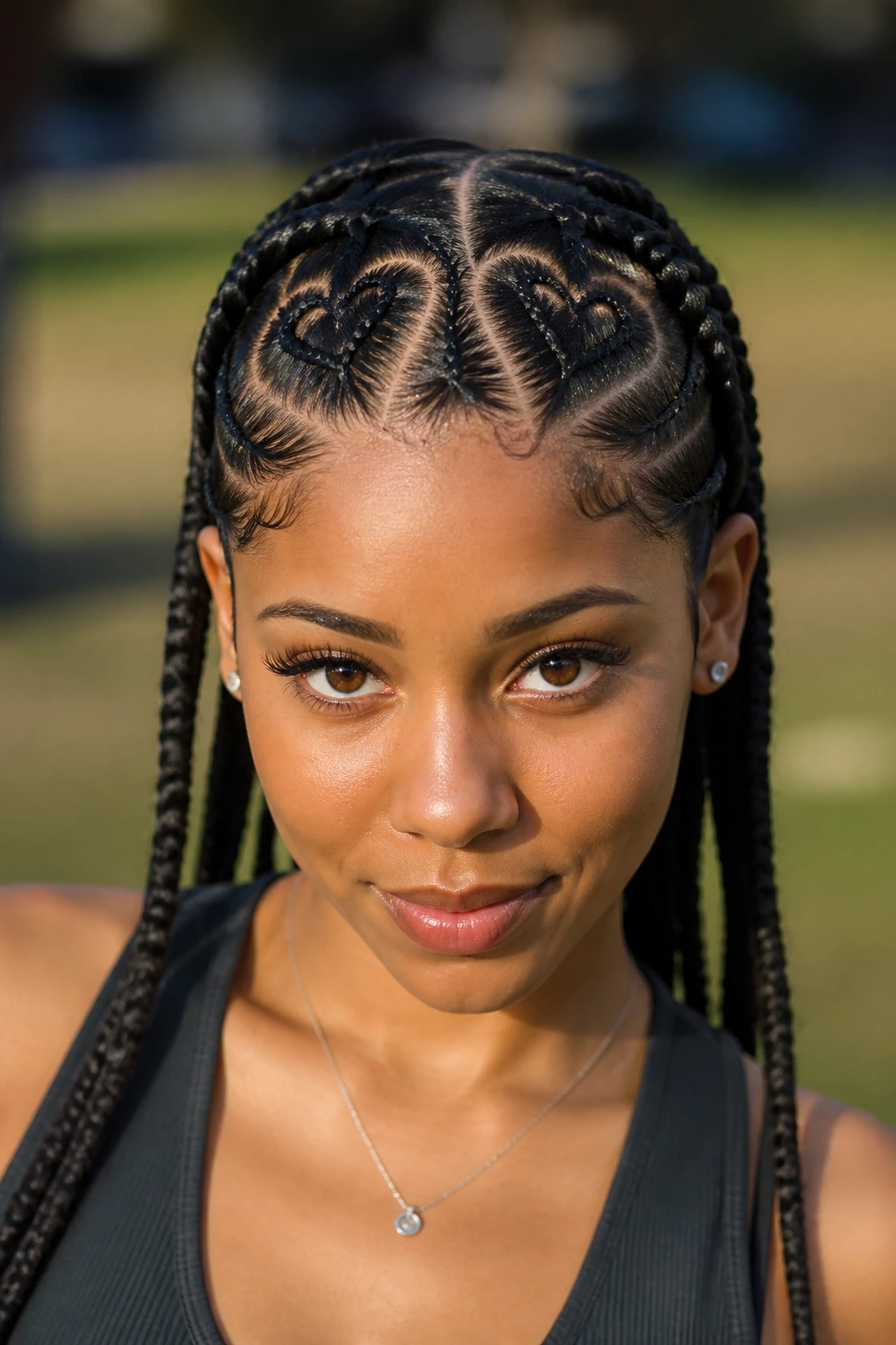 Close-up of a real woman with heart-shaped parts in her French braids
