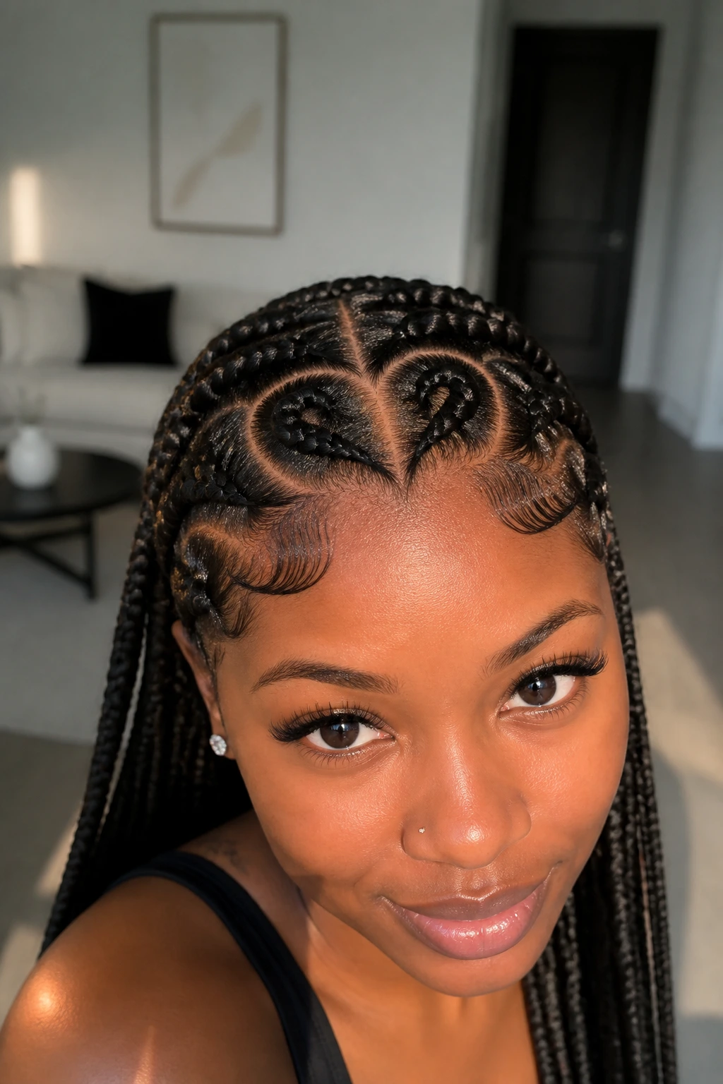 Close-up portrait showing a heart-shaped parting in braids on a real person